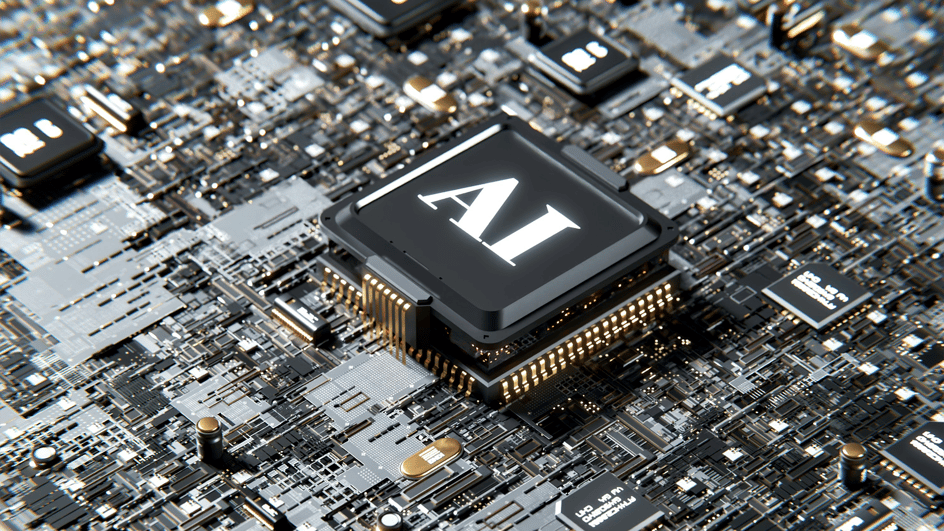  An AI microchip sits on a motherboard, programmed to teach AI video tutorials on how to use AI for video.