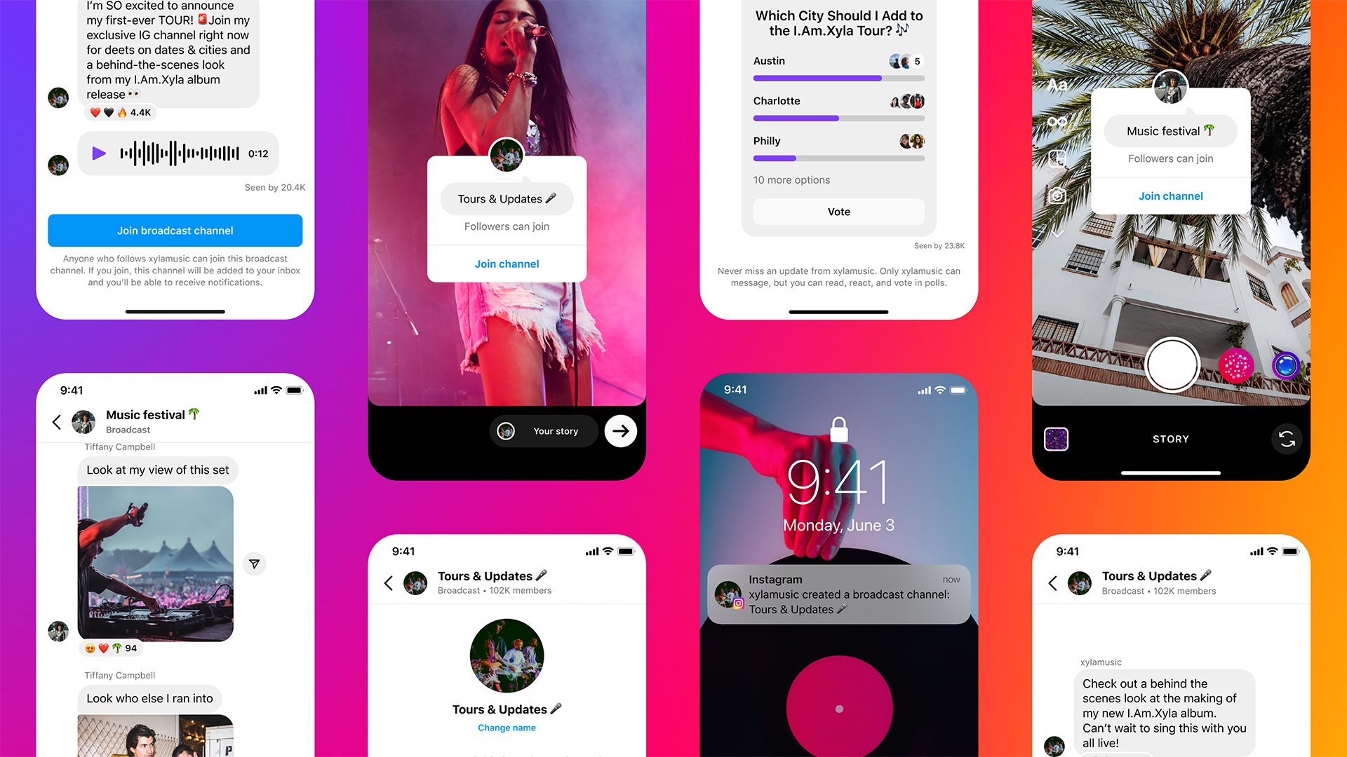 A range of Broadcast Channels on Instagram are displayed on a pink screen.
